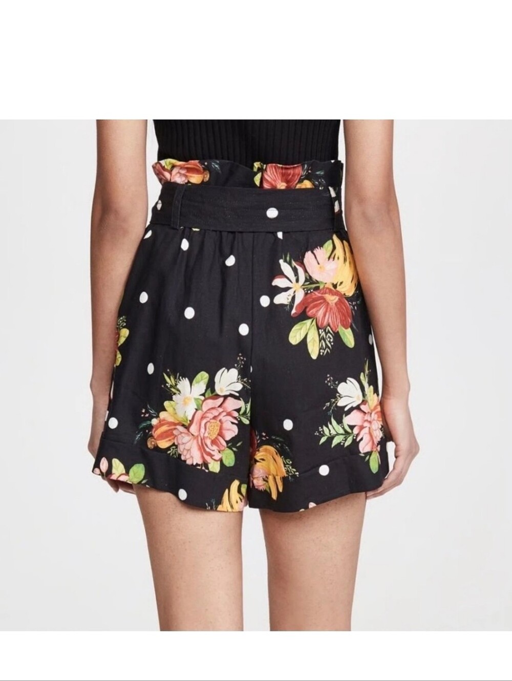 FARM Rio NWOT Shorts Black Floral & Polka Dot High Paperbag Waist with belt - Picture 6 of 7
